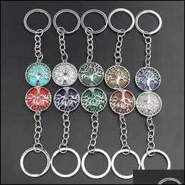 Keychains Lanyards Natural Crystal Stone Original Keychain Tree Of Life Lucky Key Ring Car Decor Bag Keyring Reiki Fashion Accesso Dhp60