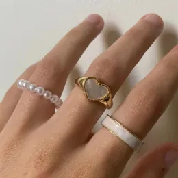 3 Teile/satz Emaille Herz Ringe Mode Perle Ring Für Frauen Geometrische Unregelmäßige Kette Knuckle Schmuck