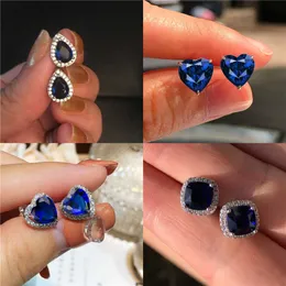 Charm Unique Crystal Water Drop Square Round Heart Earrings White Gold Royal Blue Stone Zircon Wedding Stud Earrings For Women Jewelry G230307