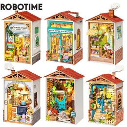 Puppenhauszubehör Robotime DIY Mini Town Puppenhaus mit Möbeln Buchhandlung Kinder Erwachsene Miniatur Puppenhaus Holzküche Kits Spielzeug Geschenk DS 230307