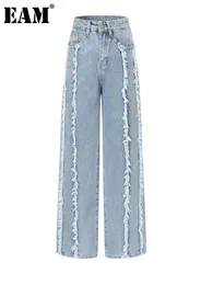 Damenjeans EAM High Waist Blue Burrs High Street Lange Jeans mit weitem Bein Lose Damenhosen Mode Frühling Herbst 1DE7583 230306