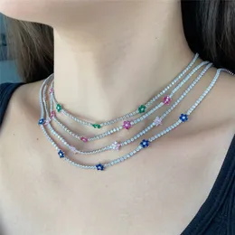 Luxurious Jewelry 925 sterling Silver Flower Tennis Necklace Designer Woman 5A Zirconia 18k Gold Green Pink Diamond Wedding Choker Necklaces for Friends Gift Box