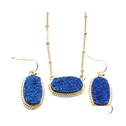 Küpe Kolye Tasarımcısı Oval Drusy Druzy Dangle Mücevher Seti Altın Kaplama Druse Ceza Kadınları Düğün Damla Teslimat Setleri DH0CO