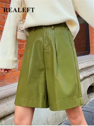 Women's Shorts REALEFT Autumn Winter Green Faux PU Leather Women's Shorts High Waist Wide Leg Pants Vintage Trousers Female Pocket 230306