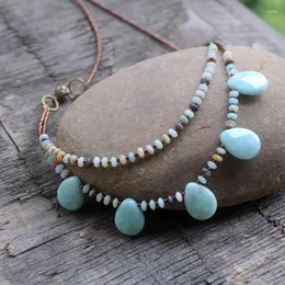 Pendant Necklaces Fashion Natural Water Drop Amazonite Stone Beads Necklace For Women Girls Seedbeads Lotus Chokers Multilayers