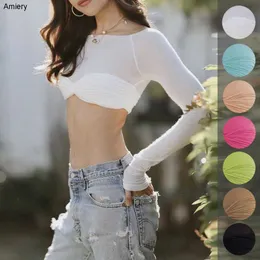 2023 Spring Summer Womens T-shirt Tees Off Shoulder Perspective Wrapped Chest Short CropTop Tshirts For Ladies