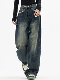 Kvinnors plus -storlek byxa vintage streetwear koreanska baggy last jeans hög midja rak bred ben denim byxor fairy grunge alt kläder 230306