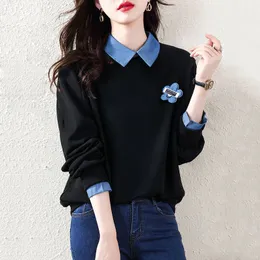 WO bluzy męskie bluzy bluzy stylowe streetwear kwiatowy patchwork wiosna jesienna jesień fałszywe dwa kawałki luźne poloneck żeńskie pullove z długim rękawem 230307