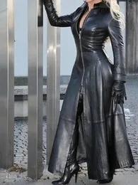 여자 자켓 스프링 가을 블랙 맥시 가죽 드레스 지퍼 코르셋 펑크 스타일 여성용 긴 꽉 가짜 드레스 230307