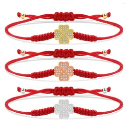 Braccialetti con ciondoli Cristallo bianco con zirconi cubici Bracciale con trifoglio a quattro cuori adorabile Donna con nodo fortunato tibetano Regalo di gioielli fatti a mano con cordino rosso