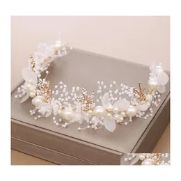 Headpieces Gold Flower Pearl Headband Tiara Crown Wedding Bridal Princess Headbands Hair Jewelry Crystal Accessories Bride Headdress Dhq3L