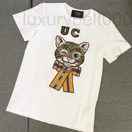 女性のTシャツデザイナーサマーエクストレーショントレンディメンズ衣類刺繍猫の女性Tシャツ半袖新しいスタイルY8BG