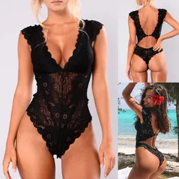 Sexy Set Teddies Mesh Lace Womens Bodysuit Lingerie Halter Jumpsuit Pajamas Hollow Seethrough Teddy 230307