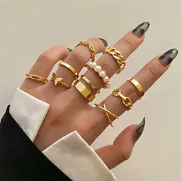 Band Rings 10pcs Adjustable Beach Rings Set For Women Girls Simple Chain Butterfly Pearl Summer Finger Ring 2022 Wedding Jewelry AA230306