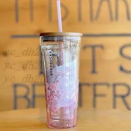 2021 Japanischer Stil Starbucks Tassen Sakura Holzdeckel Strohbecher 591 ml Kirschblüte Doppelschichtige Glaskaffeetassen Geschenk297J