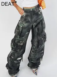 Women's Pants s DEAT Fashion Women Multiple Pockets Loose Wide Leg Tie dyed Camouflage Patchwork Cargo Ptrousers Spring 2023 17A1165H 230306