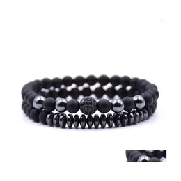 Fios frisados Dois 6mm Matte Black Ágata Microinlaid Zircon Pulseira para Homens e Mulheres Casais de Reiki Cura Presentes Drop Delive Dhpay