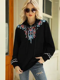 Women's Hoodies Khalee Yose Boho Embroidery Hoodie Pullover Sweatshirt Black Cotton Autumn Loose Harajuku Vintage Streetwear Female 23XXXL