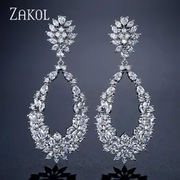 Ear Cuff Zakol Luxury Waterdrop Full Mirco Paled Cubic Zircon Dingle Drop Earrings For Women Fashion Wedding Jewelry FSEP2123 230306