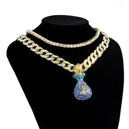 Chains Men Full Iced Out 18"Miami Curb Cuban Chain & Blue Lucky Bag Pendant Hip Hop Rapper Gold Necklace Cubic Zirconia Jewelry