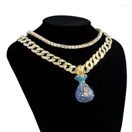 Catene da uomo Full Iced Out 18 "Miami Curb Cuban Chain Blue Lucky Bag Ciondolo Hip Hop Rapper Collana in oro Cubic Zirconia Jewelry