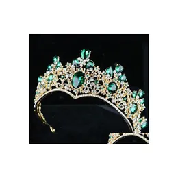 Copricapo Tiara nuziale Copricapo Vintage Barocco Spettacolo Corona Lega Verde Diamante Smeraldo Corone nobili Copricapo elegante Quinceaner Dhvmn