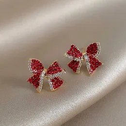 Charm 크리스마스 빨간 지르콘 크리스탈 보우 스터드 이어링 여성 심장 모양 Bow Knot Christmas Earring Girl New Year Festival Jewelry G230307