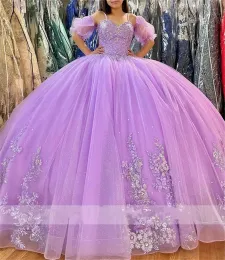 Lilac quinceanera sukienki kwiatowe koronkowe cekiny paski spaghetti krótkie rękawy niestandardowe Słodka księżniczka