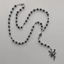 Pendant Necklaces Rosary Inspired Necklace Made With Fairy Pewter Charm Hand-linked Black Gemstone Beads Stainless Steel Lobster Clasp