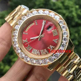 Iced Out Gelbgold Big Luxus Herren Day-Date Edelstahl Präsident Automatik Business Rot Herren Diamant Uhr Armbanduhren Watc250U
