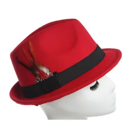 Szerokie brzegowe czapki fedorowie dla mężczyzny kobiety jesienne zima unisex czysty kolor pióro Jazz Hat Chapeau pour les femmes