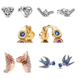 Bird Feather Stud örhängen för kvinnor Diamond Love Silver Needle Earings Diy Fit Pandora Necklace Designer smycken med låda