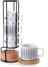Cups Saucers Espresso Cup With Saucer And Metal Stand SIDUCAL Stackable Ceramic Demitasse Mug Set For Latte Coffee Cafe Mocha