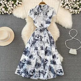 Fashion lapel short-sleeved shirt dress feminine jungle ink print waist show thin A-line print dress