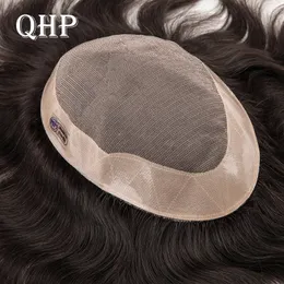 Mäns barns peruker QHP Män hår Toupee Fine Mono Men's Wig Hållbara kapillärprotes Handgjorda Mens Wigs Human Hair Tupee System 130% Densitet 230307