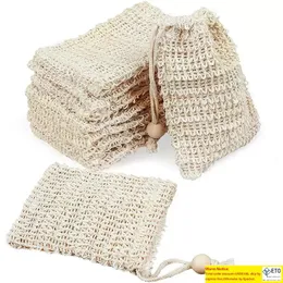 Natural Sisal Soap Bag Saver Holder Pouch Bath Toalettförsörjning Exfolierande duschnät Tvålar Förvaringspåsar Drabbningskummande enkel bubbla