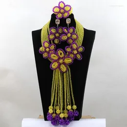 Necklace Earrings Set Fabulous Yellow And Purple Bridal Crystal Jewelry Flower Brooch Pendants Wedding Statement WD150