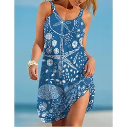 Kjolar havsvärld stjärnfisk tryck klänning kvinnors mode sommarband strandklänning bohemiska ärmlösa festklänningar elegant sundress hem 230306