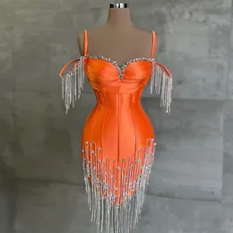 Party Dresses Arrival Orange Short Prom Dresses Crystals Tassel Sweetheart Women Cocktail Party Evening Gowns Custom Made 230307