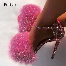 Perixir Fashion Glitter Heels 디자이너 여름 신발 여성 Stiletto Sandalen 열린 발가락 보풀 끈으로 묶인 얇은 하이힐 Fur Sandals Y0251p