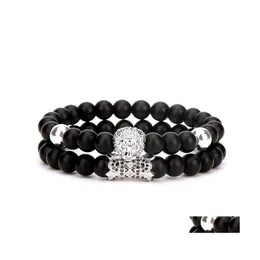 Beaded Strands 10Pc/Set Natural 8Mm Loin Head Bracelet Sets Black Matte Mala Stone For Men Women Handmade Yoga Jewelry Drop Deliver Dhd0T