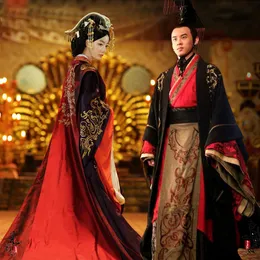 Asya İmparator Kraliçe Kraliyet Sarayı Gelinlik Elbise Çin Antik Düğün Hanfu Uzun Kostüm Siyah Kırmızı Gelin Damat Kıyafet222d