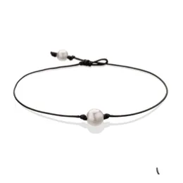 Collane con ciondolo Collana di perle d'acqua dolce coltivate singole di perle Girocollo per donna Gioielli in vera pelle fatti a mano nero 14 pollici D Dhx1J