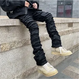 Men's Jeans Heavy Industry Hole Frayed Destruction Waxed Mens High Street Retro Straight Ripped Pencil Pants Oversize Denim Trousers 230306