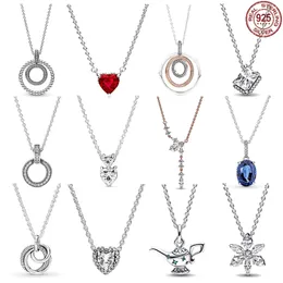 925 Silver Fit Pandora Necklace قلادة قلب امرأة أزياء المجوهرات الأحمر قلب الأزرق البيضاوي مربع لامع