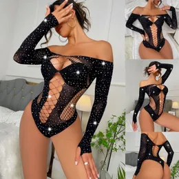 Sexy Set Mesh Fishnet Body Manica lunga Crystal Diamonds Shiny Club Party Dress Onepiece lingerie per donna 230307