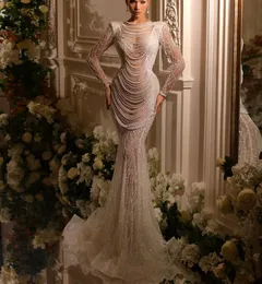 Luksusowe sukienki ślubne syreny długie rękawy Wysokie aplikacje na szyję cekiny z koralikami długość podłogi 3D koronki perłowe sukienki ślubne sukienki ślubne plus niestandardowe Abiti da sposa