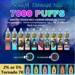 Original RandM Tornado 7000 Puffs Einweg-Vape Pen Zooy Puff 7k Elektronische Zigaretten 14ml Pod Mesh Coil 6 Puff 7k Wiederaufladbarer Lufteinstellbarer 2% 5% Geräteverdampfer