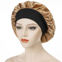 Breite Band Satin Night Hat Beanie für Frauen Dame Feste Farbe Elastizier Schlafkappen Haarpflege Dekor Modezubehör