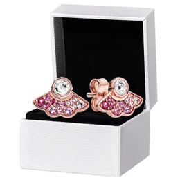 Rose Gold Pink stone Fan shape Stud Earrings for Pandora 925 Sterling Silver Cute Wedding Jewelry For Women Girlfriend Gift designer Earring with Original Box Set